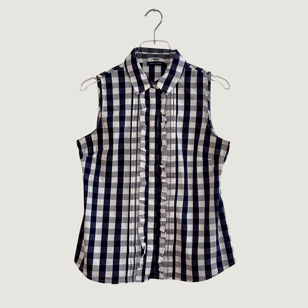 Tommy Hilfiger Preppy Navy Blue White Gingham Ruffle Sleeveless Button Down Sz 6